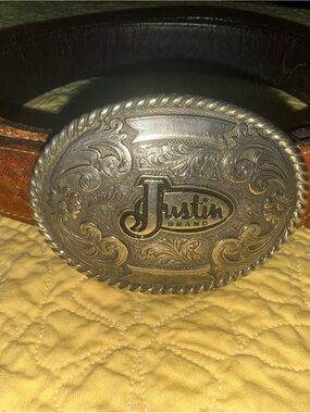 Vintage Cowboy Justin Brand Brown Leather Belt with Ornate Oval Trophy Buckle